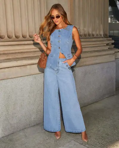 Women Fashion Casual Denim Single-Breasted Vest Wide Leg Jeans Two-Piece Set