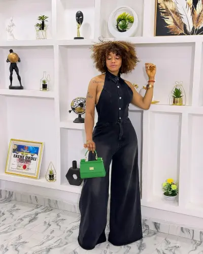 Women Fashion Sexy Lapel Sleeveless Single-Breasted Backless Denim Jumpsuit