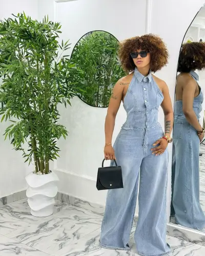 Women Fashion Sexy Lapel Sleeveless Single-Breasted Backless Denim Jumpsuit