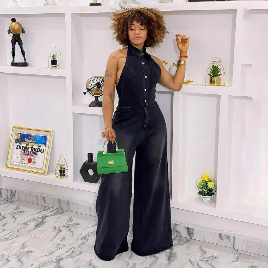 Women Fashion Sexy Lapel Sleeveless Single-Breasted Backless Denim Jumpsuit