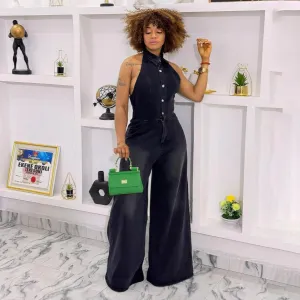 Women Fashion Sexy Lapel Sleeveless Single-Breasted Backless Denim Jumpsuit