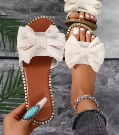 Women Casual Solid Color Bowknot Flat Slippers Plus Size
