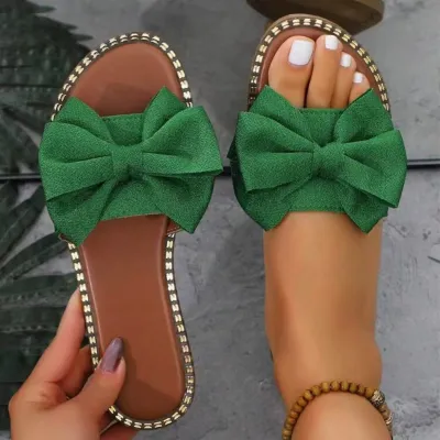 Women Casual Solid Color Bowknot Flat Slippers Plus Size