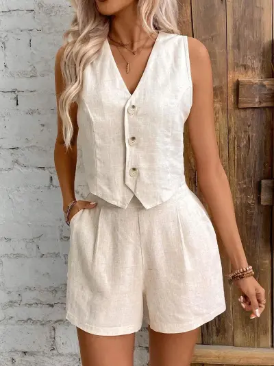 Women Fashion Casual Solid Color Linen V-Neck Front Buckle Vest Loose Shorts Two-Piece Set
