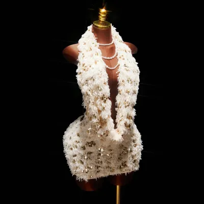 Women Fashion Sexy Solid Color Sequins Plush Halter-Neck Backless Slim-Fit Dress