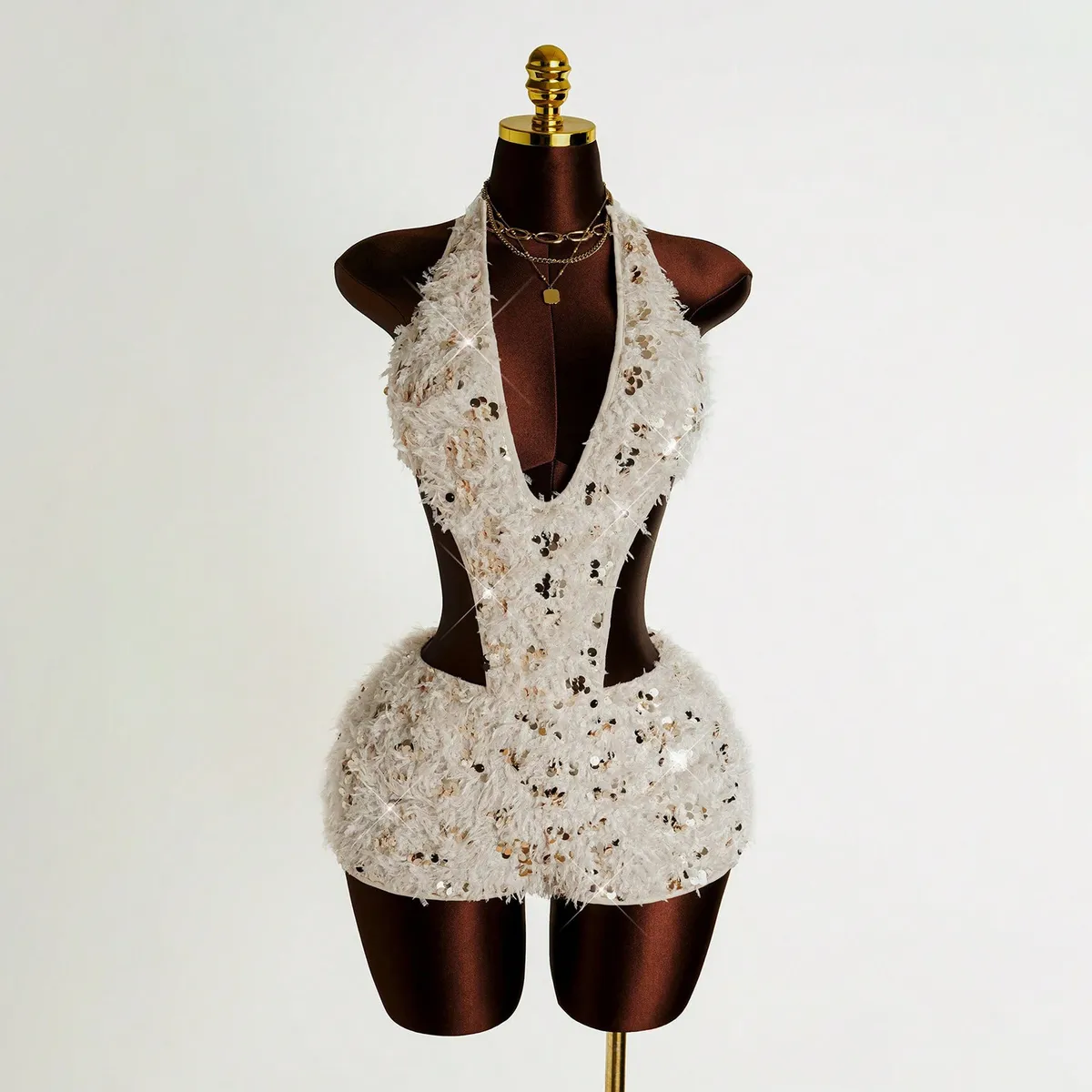 Women Fashion Sexy Sequins Plush Halter-Neck Backless Slim-Fit Rompers