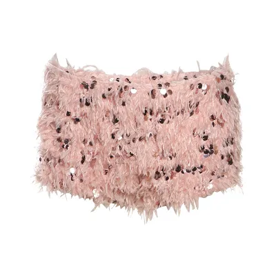 Women Fashion Sexy Solid Color Sequin Plush High Waist Slim Shorts