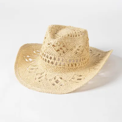 Fashion Casual Solid Color Hollow Hand-Woven Wide-Brimmed Sunshade Hat