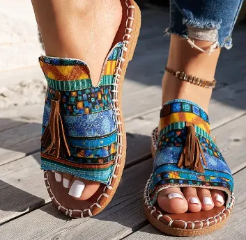 Women Fashion Casual Ethnic Tassel Flat Slippers Plus Size