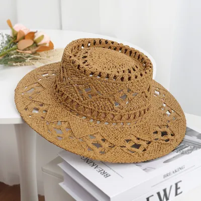 Fashion Casual Solid Color Hand-Woven Straw Hollow Sunshade Beach Hat