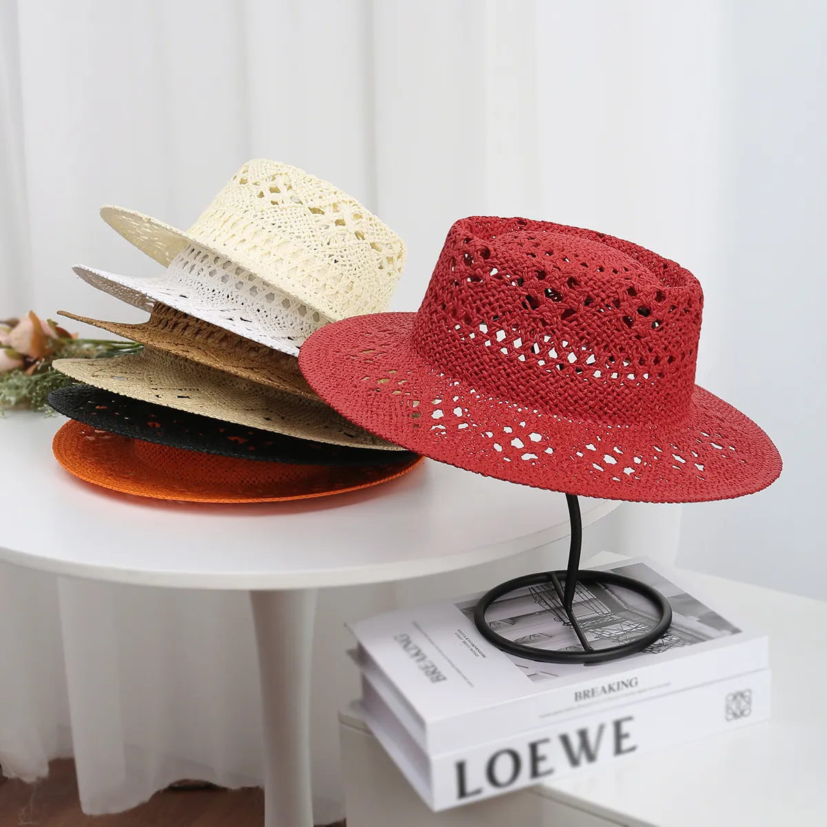 Fashion Casual Solid Color Hand-Woven Straw Hollow Sunshade Beach Hat