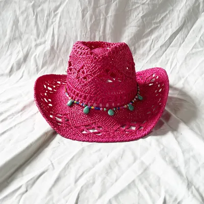 Fashion Casual Solid Color Large Brim Hollow Straw Bead Decoration Beach Hat