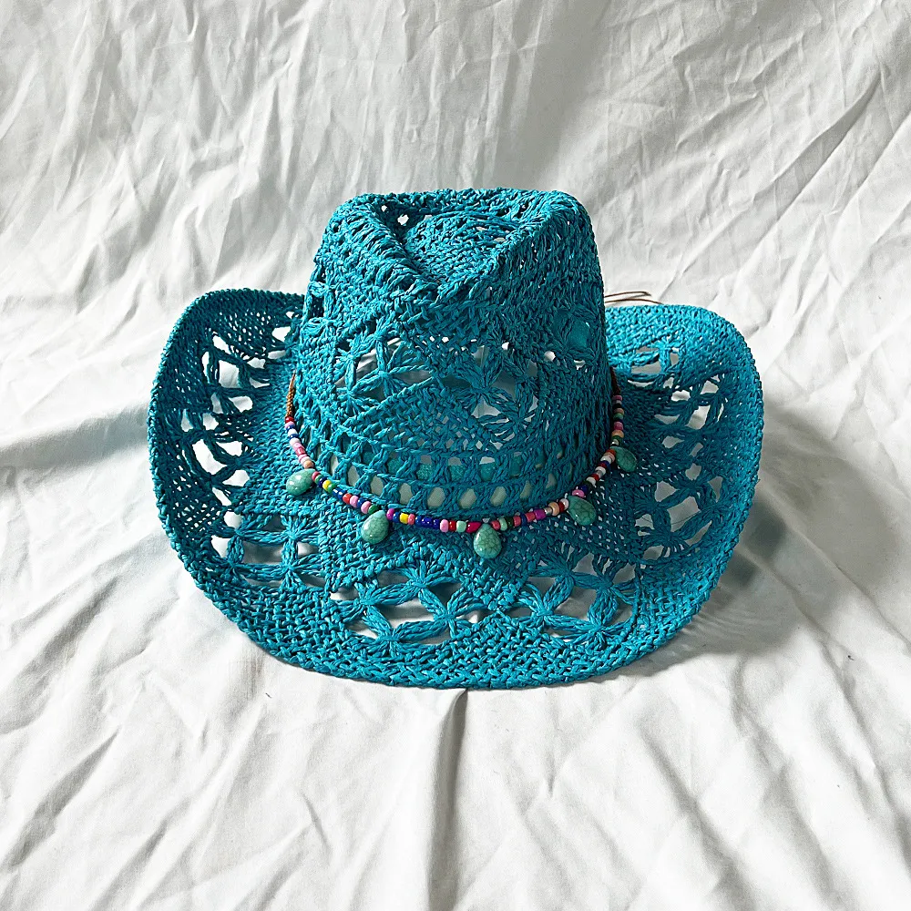 Fashion Casual Solid Color Large Brim Hollow Straw Bead Decoration Beach Hat