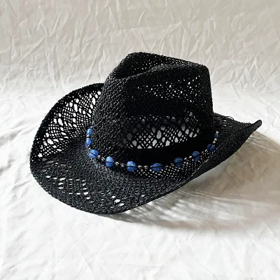 Fashion Casual Solid Color Heart Beads Straw Hollow Curled Edge Hat