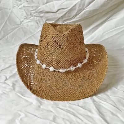Fashion Casual Solid Color Heart Beads Straw Hollow Curled Edge Hat