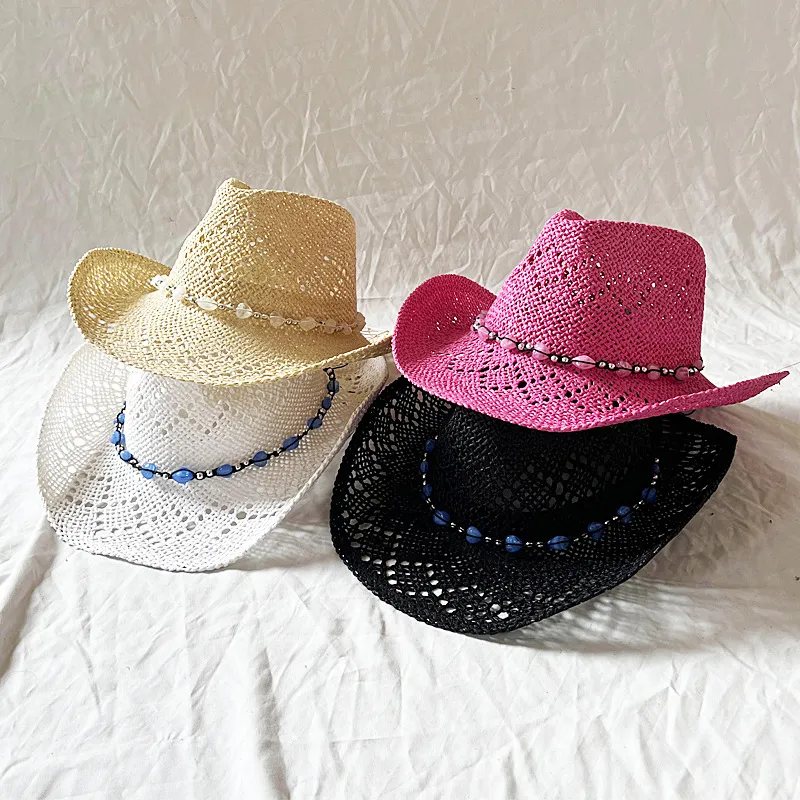 Fashion Casual Solid Color Heart Beads Straw Hollow Curled Edge Hat