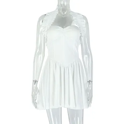 Women Fashion Sexy Solid Color Halter-Neck Sleeveless Backless Slim-Fit Pleated A line Dress