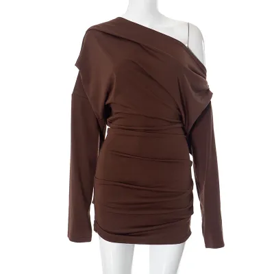 Women Fashion Sexy Solid Color Slanted Shoulder Long-Sleeve Dress