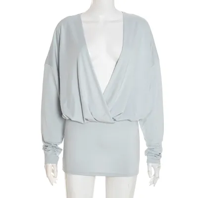 Women Fashion Sexy Solid Color Deep V-Neck Bat Long Sleeve Dress