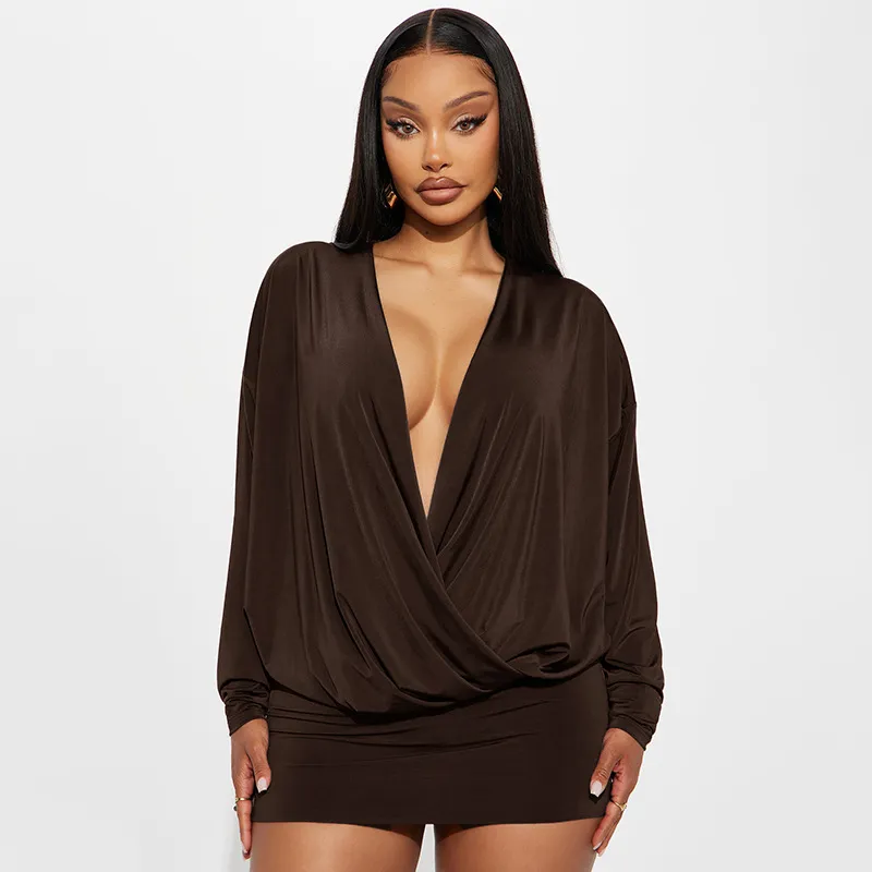 Women Fashion Sexy Solid Color Deep V-Neck Bat Long Sleeve Dress