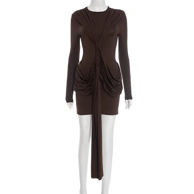 Women Fashion Sexy Solid Color Long Sleeve Strap Pleated Dress