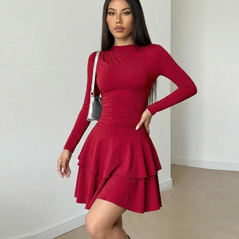 Women Fashion Sexy Solid Color Long Sleeve Ruffled Dress