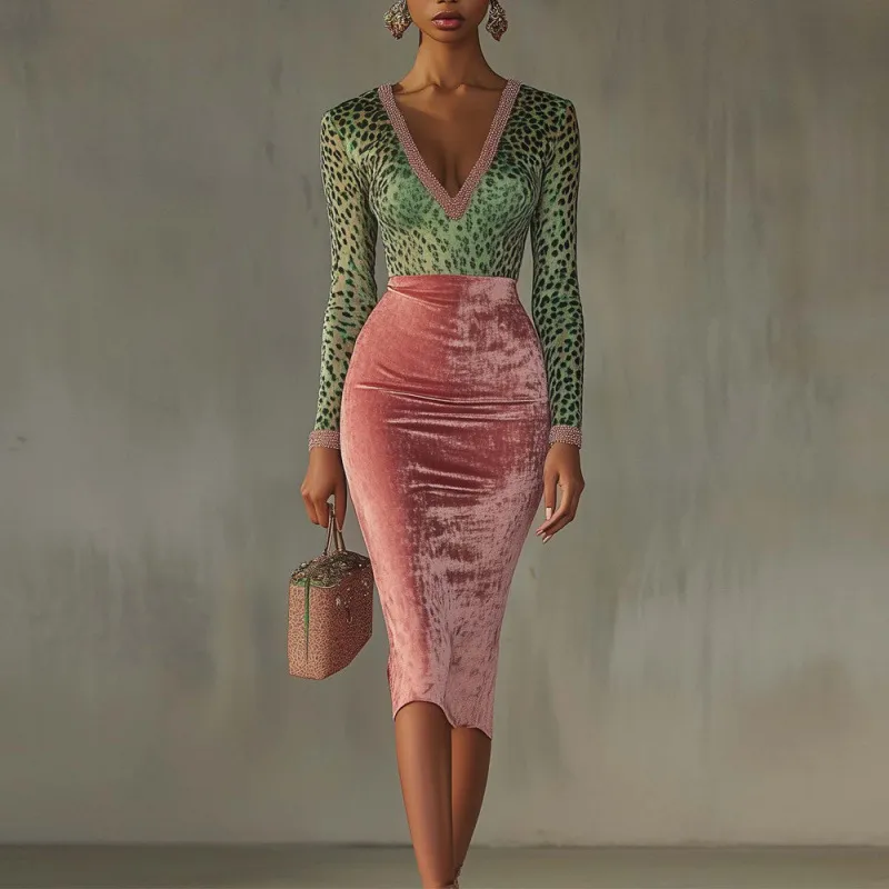 Women Fashion Sexy Gold Velvet Leopard Stitching V-Neck Long-Sleeve Stretch High Waist Slim-Fit Dress