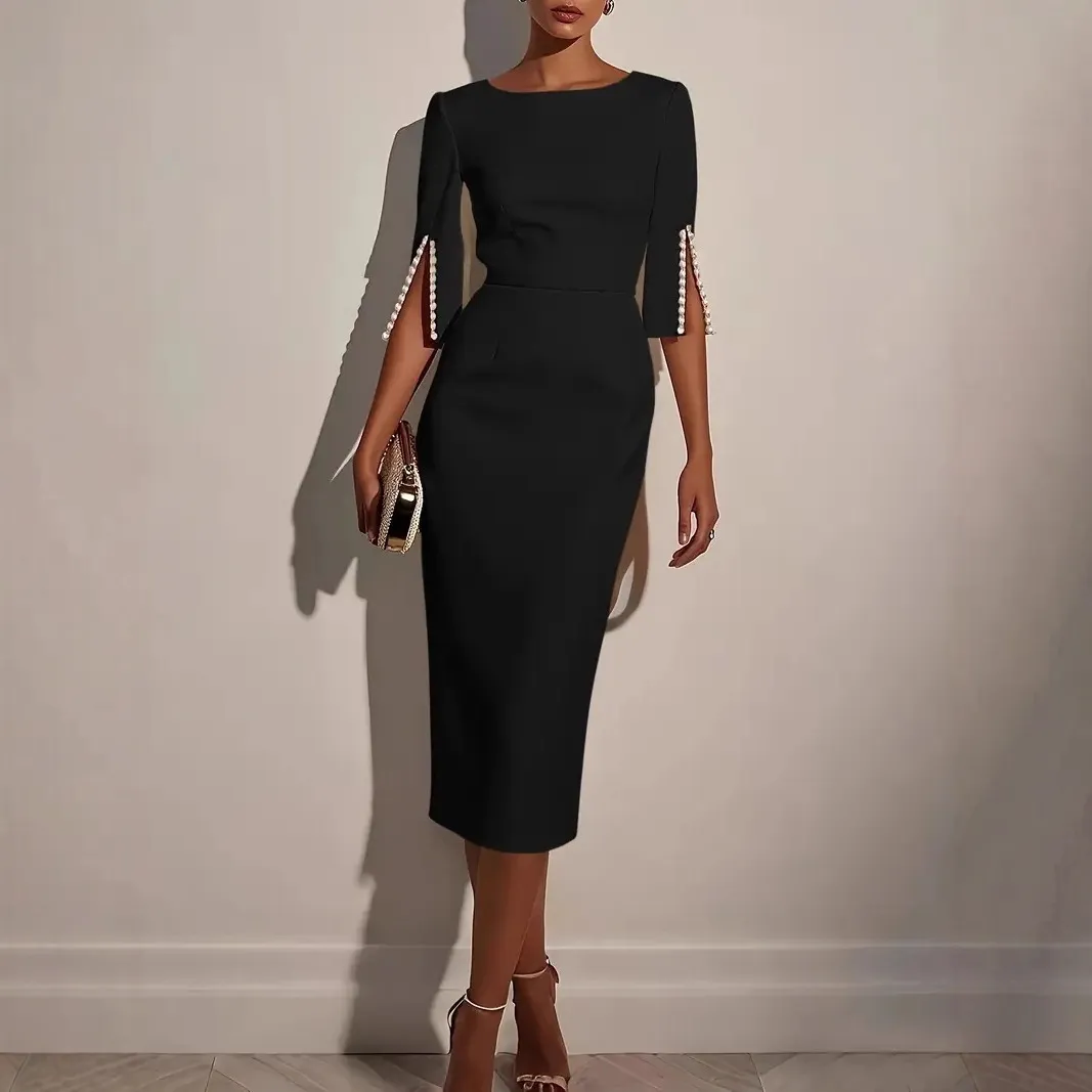 Women Fashion Elegant Solid Color Beaded Short-Sleeve Slim-Fit Dress