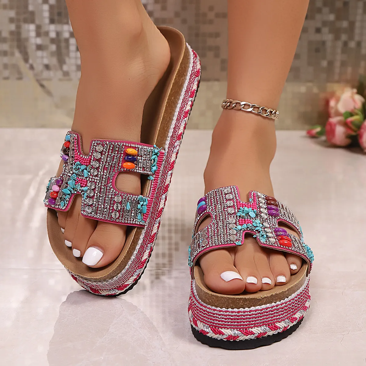 Women Rhinestone Cork Thick Sole Beach Platform Slippers Round Toe Eva