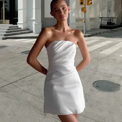 Women Fashion Sexy Elegant Solid Color Tube Top Pleated Slim-Fit Dress