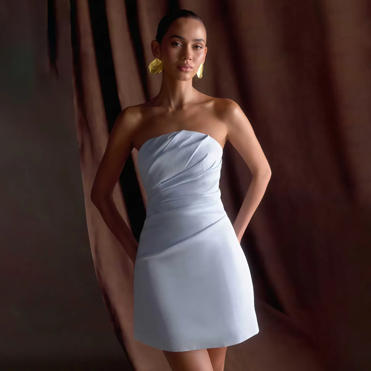Women Fashion Sexy Elegant Solid Color Tube Top Pleated Slim-Fit Dress
