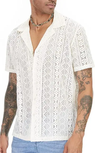 Men'S Fashion Casual Solid Color Hollow Lapel Short Sleeve Loose Shirt