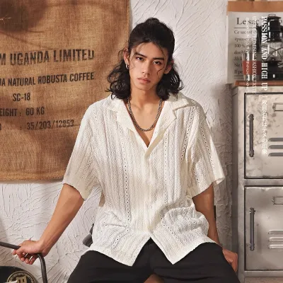 Men Fashion Casual Solid Color Hollow Lapel Short-Sleeve Loose Shirt