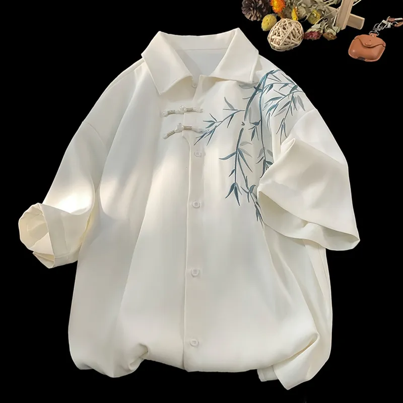Men Fashion Casual Bamboo Embroidered Lapel Short Sleeve Loose Shirt