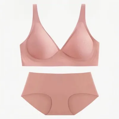 Women Fashion Base Solid Color Seamless No Steel Ring Bra And Panties Lingerie Set