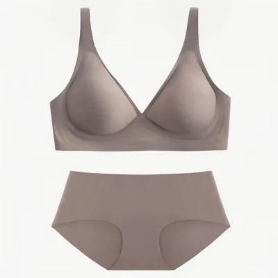 Women Fashion Base Solid Color Seamless No Steel Ring Bra And Panties Lingerie Set