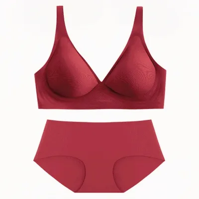 Women Fashion Base Solid Color Seamless No Steel Ring Bra And Panties Lingerie Set