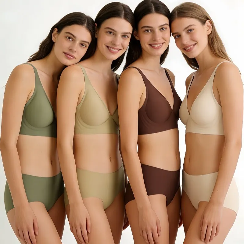Women Fashion Base Solid Color Seamless No Steel Ring Bra And Panties Lingerie Set