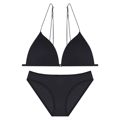 Women Sexy Solid Color Superfine Shoulder Strap Front Buckle No Steel Ring Triangle Cup Bra And Panties Lingerie Set