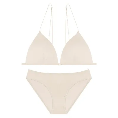 Women Sexy Solid Color Superfine Shoulder Strap Front Buckle No Steel Ring Triangle Cup Bra And Panties Lingerie Set