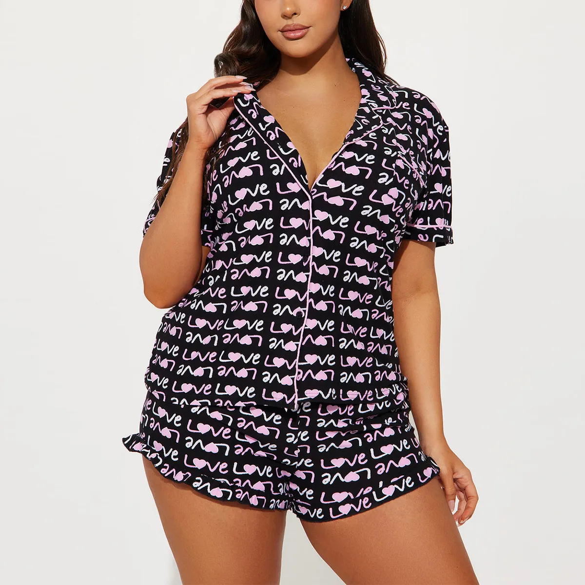 Women Fashion Casual Love Printed Lapel Short-Sleeve Top Loose Shorts Pajamas Two-Piece Set