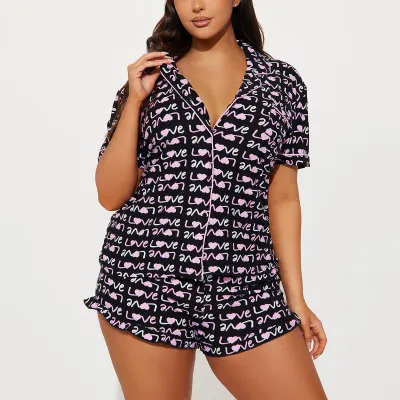 Women Fashion Casual Love Printed Lapel Short-Sleeve Top Loose Shorts Pajamas Two-Piece Set
