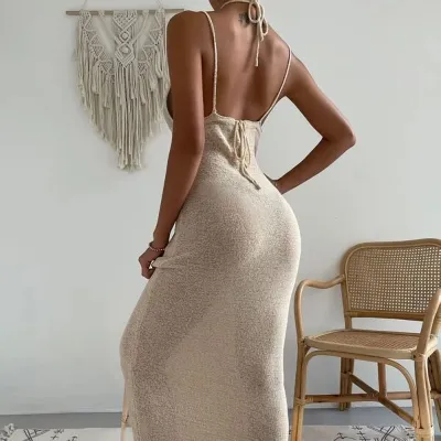Women Sexy Hollow Backless Spaghetti Strap Long Dress Solid Color