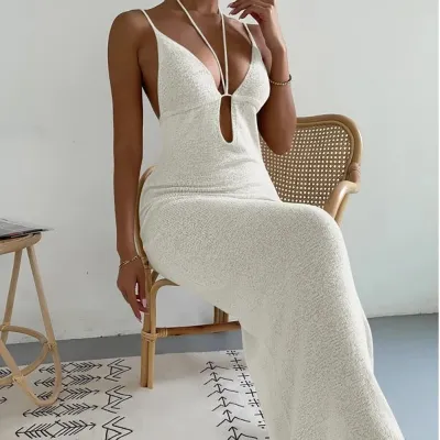 Women Sexy Hollow Backless Spaghetti Strap Long Dress Solid Color