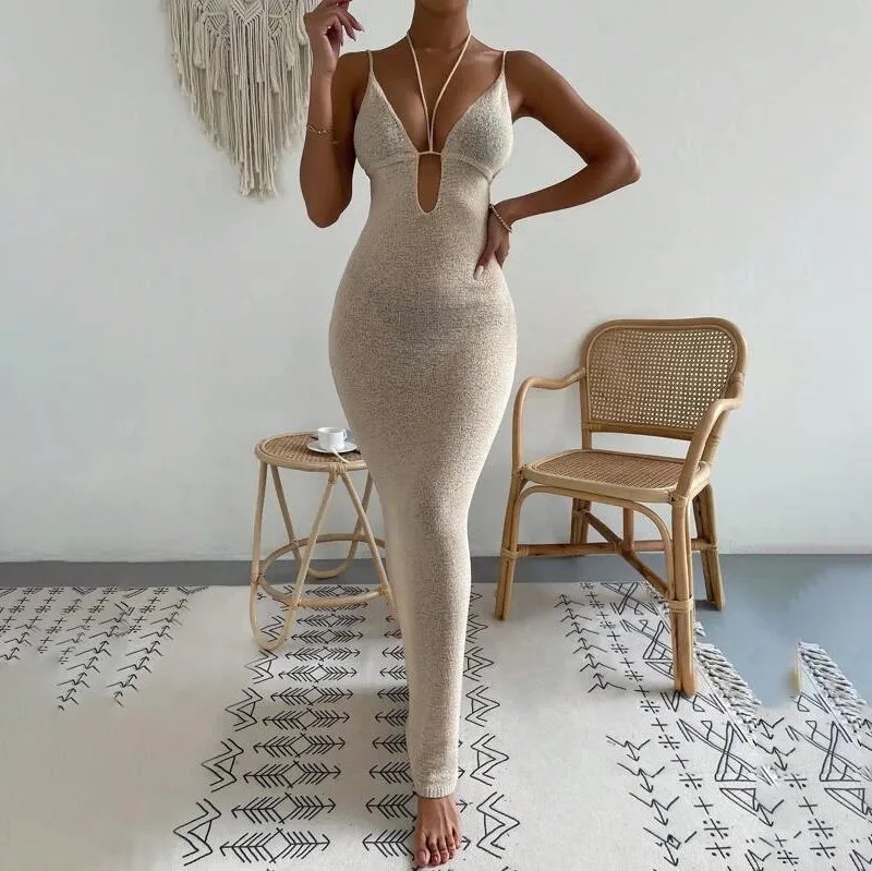 Women Sexy Hollow Backless Spaghetti Strap Long Dress Solid Color