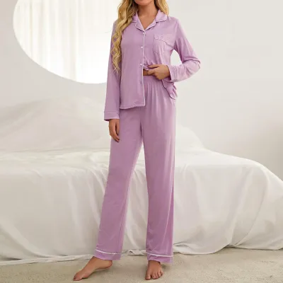Women Fashion Casual Solid Color Lapel Long Sleeve Cardigan Loose Pants Pajamas Two-Piece Set