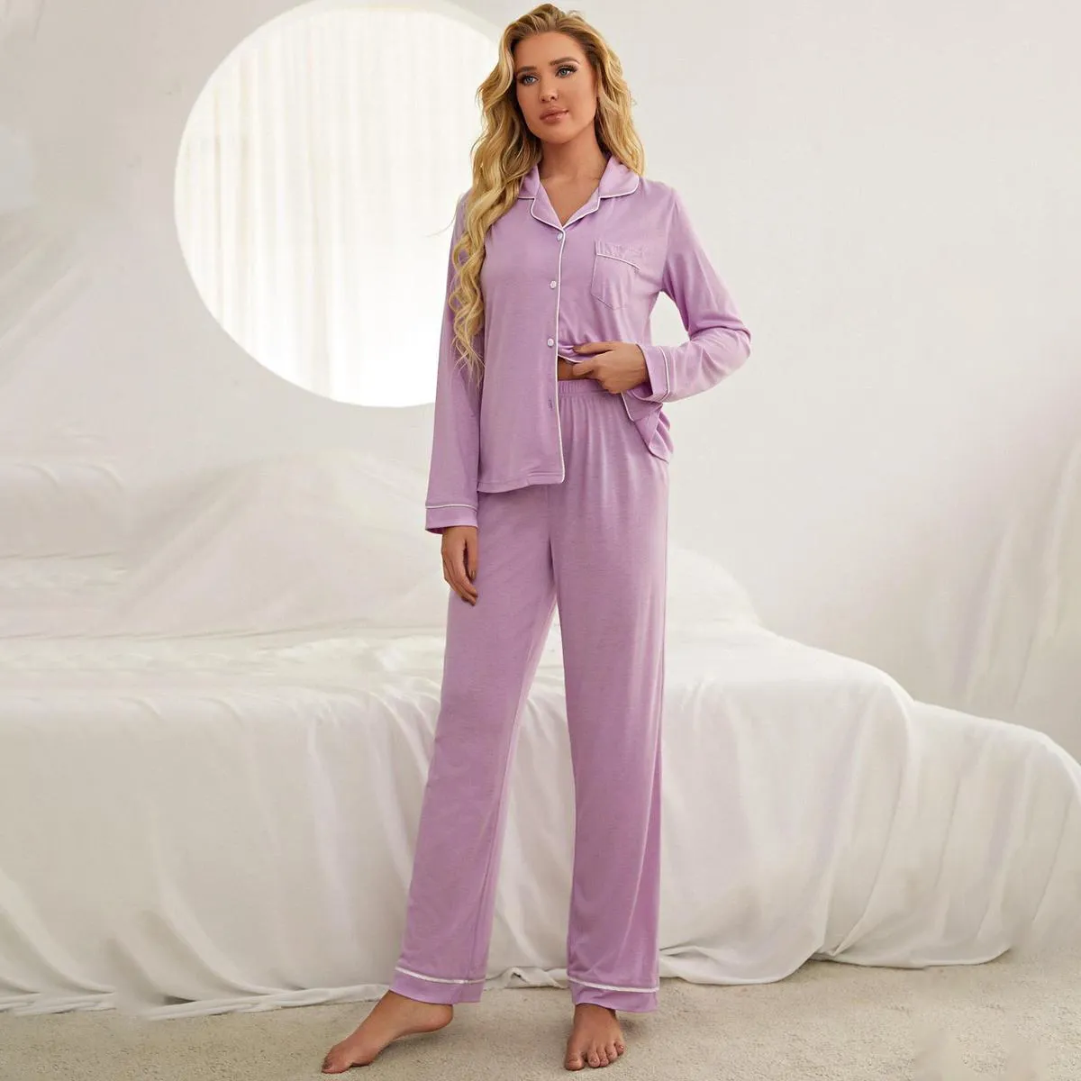 Women Fashion Casual Solid Color Lapel Long Sleeve Cardigan Loose Pants Pajamas Two-Piece Set