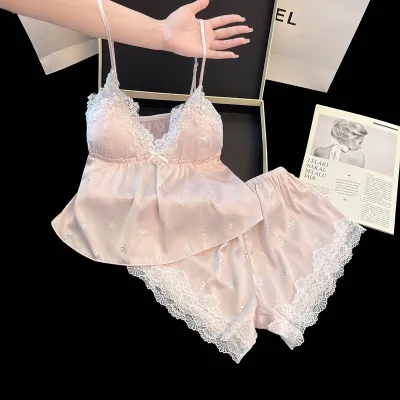 Women Fashion Sexy Ice Silk Camisole Lace Edge Shorts Pajamas Two-Piece Set