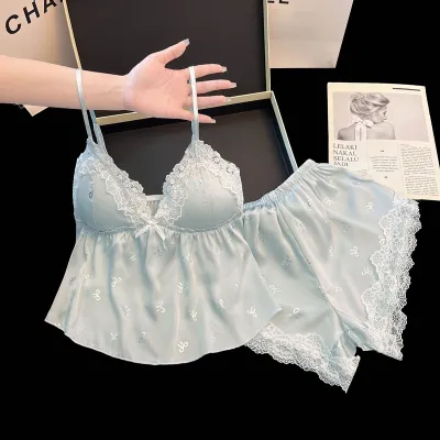 Women Fashion Sexy Ice Silk Camisole Lace Edge Shorts Pajamas Two-Piece Set