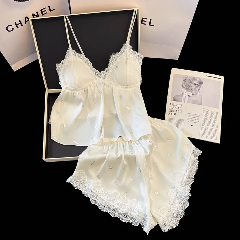 Women Fashion Sexy Ice Silk Camisole Lace Edge Shorts Pajamas Two-Piece Set